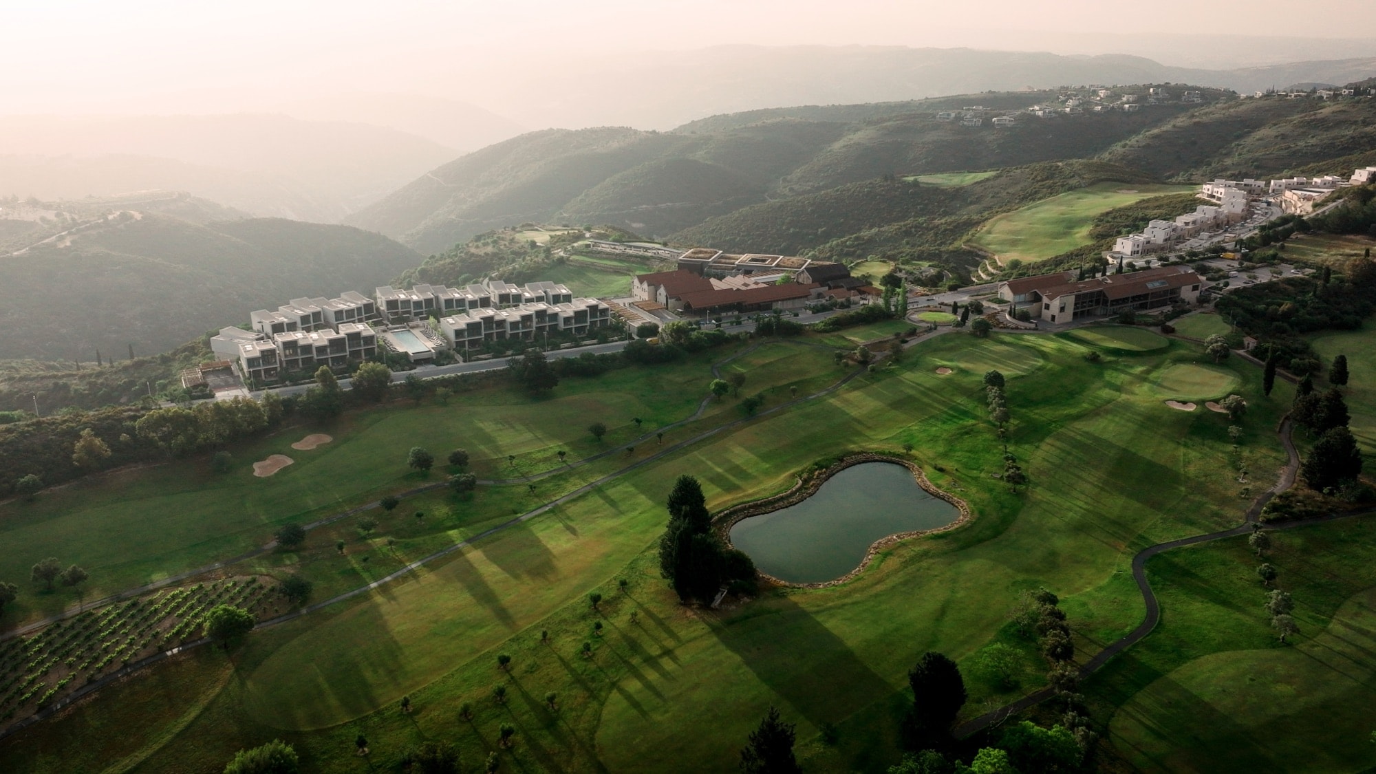 Aerial view of the Minthis resort and golf course in the hills of Paphos