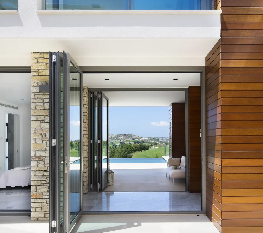 Stone courtyard villa with a fountain and gardens